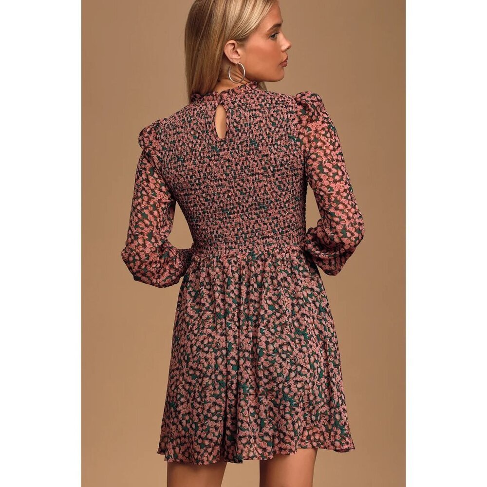 Lulus Floral Forever Green Pink Smocked Skater Mini Dress Coquette Cottage Fairy - Picture 6 of 11